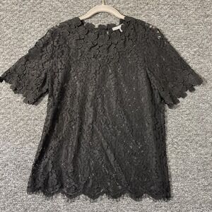 Anthropologie Blue Tassel Black Floral Lace High Neck M Feminine‎ Coquette Grace